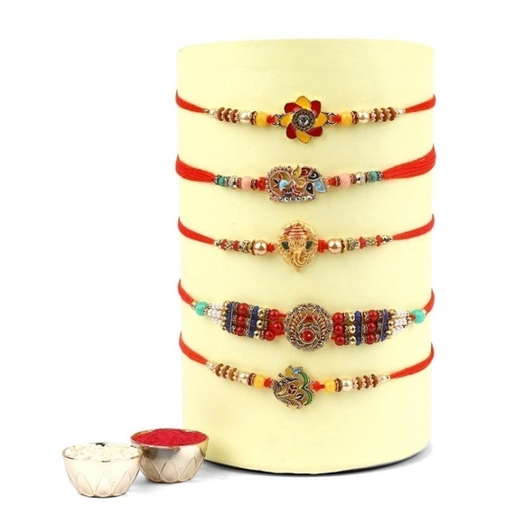 Gift Set Of 5 Pcs thread bracelets, Indian Designer red and multicolor charms - Picture 1 of 9